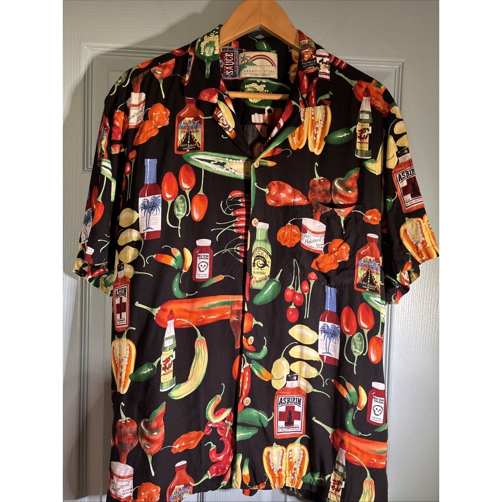 Vintage Paradise Found Hawaiian Shirt Sz XL Chili Peppers Hot Sauce Black Rayon